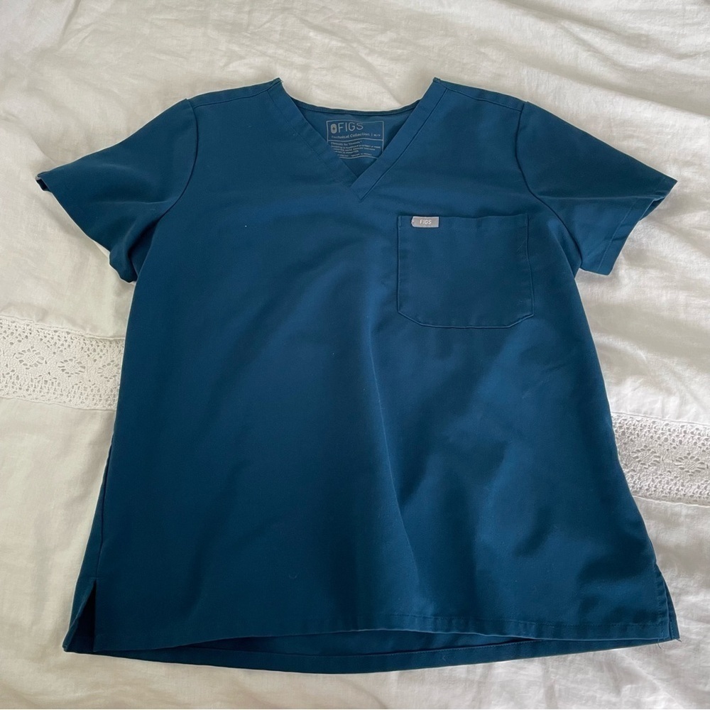 FIGS MEDIUM Women’s Scrub Top Short Sleeve Blue Green Pocket V neck